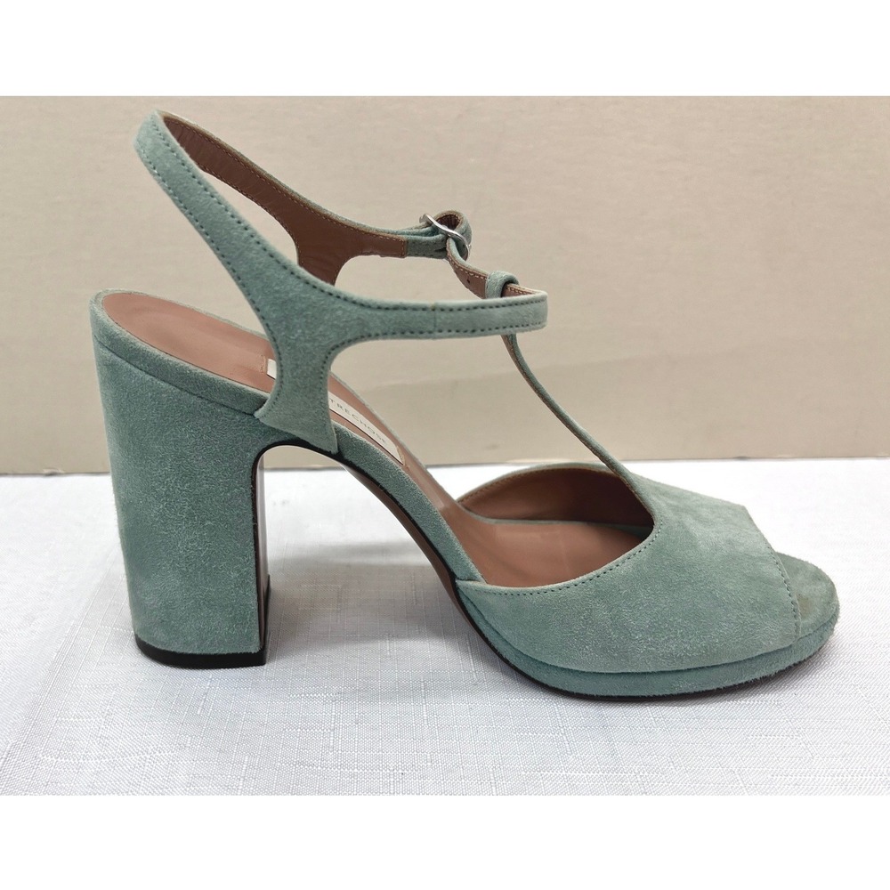 L'Autre Chose T-Strap Sandals Womens 38 Sage Green Good Suede Block Heel PeepToe